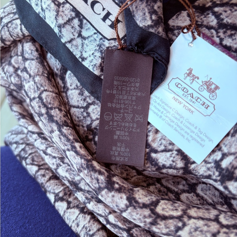 NWT COACH Brown and Black Snake Patterned Silk Scarf, Size: 27” x 27” - Picture 7 of 10